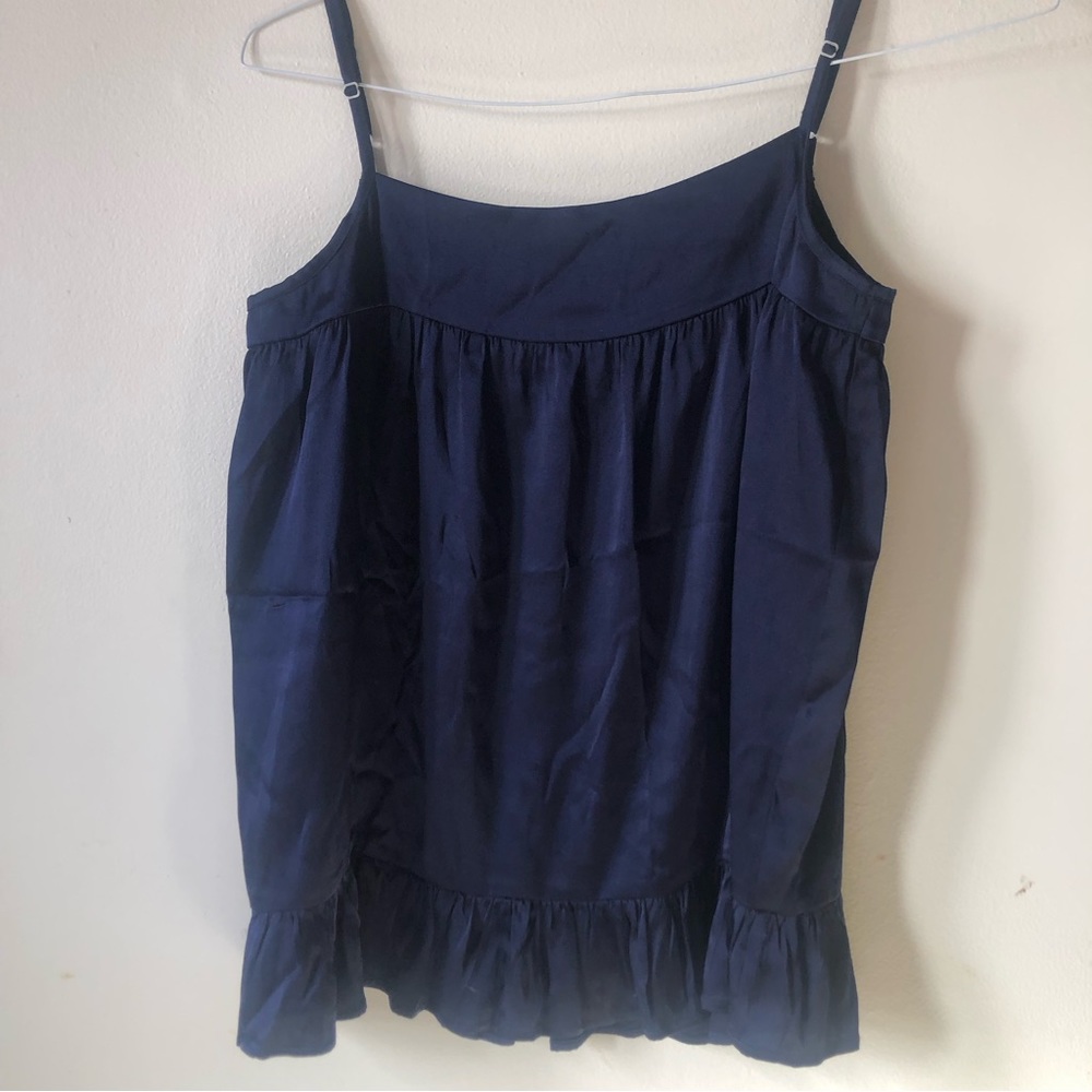 ❤️525 America Navy Blue 100% Silk Strappy Ruffle Top Tank Top Size M